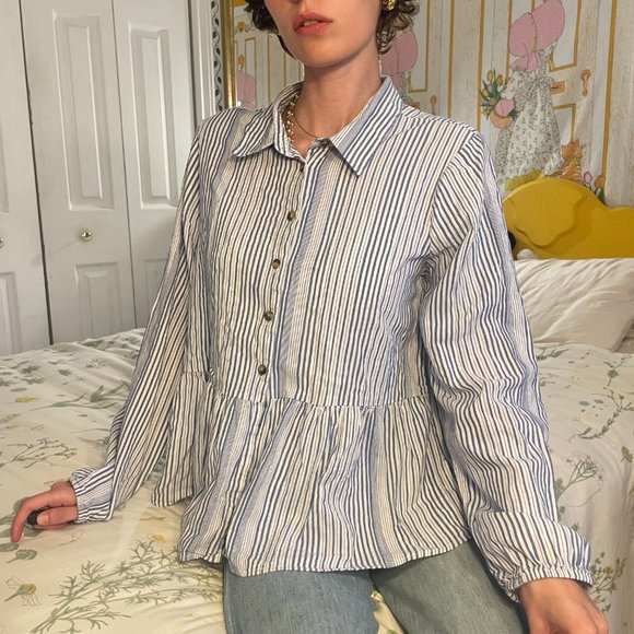 Blue vertical stripe button down with flare bottoms! - Picture 1 of 12